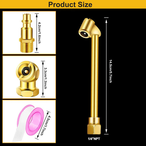 Heavy Duty Air Chuck Set With Dual Head And Ball Head Chucks For Bike, Motorcycle, Car, And Truck Tire Inflation, Includes Four Quick Plug Fittings And Teflon Tape, Pro Grade Kit For Tire Inflator Gauge And Air Compressor, showing product dimensions.