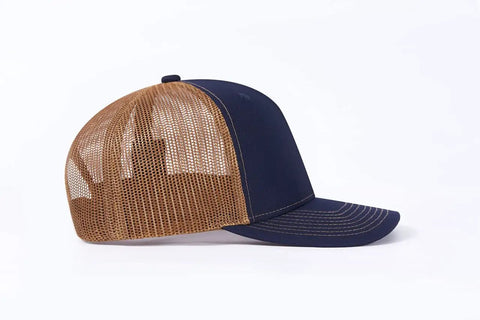 Western Farm Tractor Trucker Hat With Embroidered Design Custom Text Adjustable Mesh Back Cap Navy Brown side view