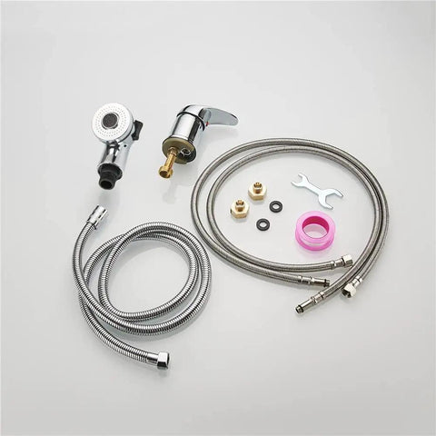 Salon Shampoo Bowl Faucet Kit With Hose And Shower Spray Head for Backwash Units, chrome finish, includes tools and fittings.