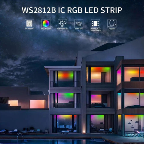 Individually Addressable LED Strip Light With WS2812B IC, 16.4Ft 300LED, RGB lights on building facade, night scene