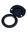 Matte black recessed ring pull handle from Four Pack Matte Black Recessed Ring Pull Handles For Cabinets And Drawers Round Concealed Door Pull Knobs with 1.38 Inch Hole Centers Zinc Alloy 1.81 Inch Outer Diameter And 6mm Thick Flush Mount, shown in open position.