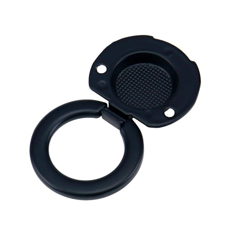 Matte black recessed ring pull handle from Four Pack Matte Black Recessed Ring Pull Handles For Cabinets And Drawers Round Concealed Door Pull Knobs with 1.38 Inch Hole Centers Zinc Alloy 1.81 Inch Outer Diameter And 6mm Thick Flush Mount, shown in open position.