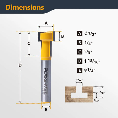 Pro Grade Tungsten Carbide T Slot Router Bit With Rock Solid One Quarter Inch Shank And One Half Inch Width dimensions illustration