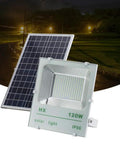 Rugged 120W Solar Flood Light Featuring 194 Killer Bright LED Chips IP66 Rated waterproof with solar panel for outdoor use.