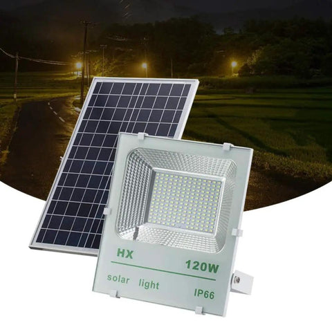 Rugged 120W Solar Flood Light Featuring 194 Killer Bright LED Chips IP66 Rated waterproof with solar panel for outdoor use.