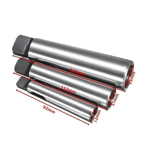 Three steel Morse taper reducing drill sleeves for MT4-MT2 with square ends; lengths 92, 112, 133 mm; 25 mm OD.