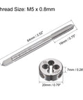 Left Hand M5 0.8mm Tap And Die Set For Thread Repair shows tap and round die with measurements visible for machinist use.