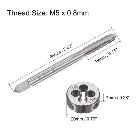 Left Hand M5 0.8mm Tap And Die Set For Thread Repair shows tap and round die with measurements visible for machinist use.