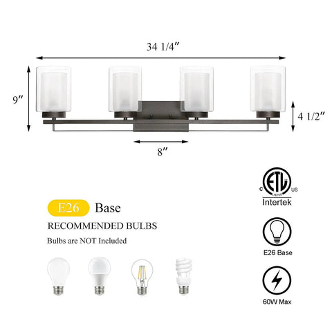 Four Light Dark Bronze Vanity Light With Dual Glass Shades, dimensions and bulb types, ETL listed for hardwired wall mount.