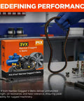 Cogged 3VX630 VBelt EPDM Cushioned Flexible Built Tough Three Eighths By Sixty Three Inches, with box and tools on table.