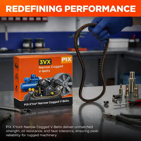 Cogged 3VX630 VBelt EPDM Cushioned Flexible Built Tough Three Eighths By Sixty Three Inches, with box and tools on table.