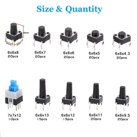Display of 180-Piece Tactile Push Button Switch Kit With 10 Value Sizes 6x6mm To 7x7mm 4-Pin Micro Momentary Tact Switch Set