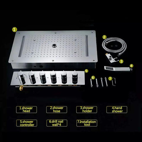 Level Up Your Bathroom Routine With This Top Notch Ceiling Mounted Rain Shower Combo Featuring Smooth LED Faucet Lighting And A Massive Stainless Steel Head For Serious Daily Spa Vibes, showcasing shower head, controller, and installation tools.