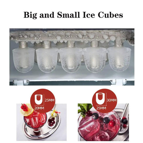 Big and small ice cubes from Portable Countertop Ice Machine Automatic Electric Rapid Freeze in white finish.