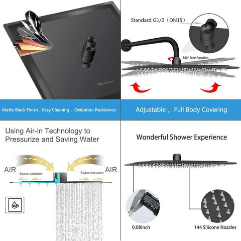 Ultra Thin 12x12 Inch Matte Black Square Rain Shower Head With High Flow Waterfall Design Ceiling Or Wall Mount Details