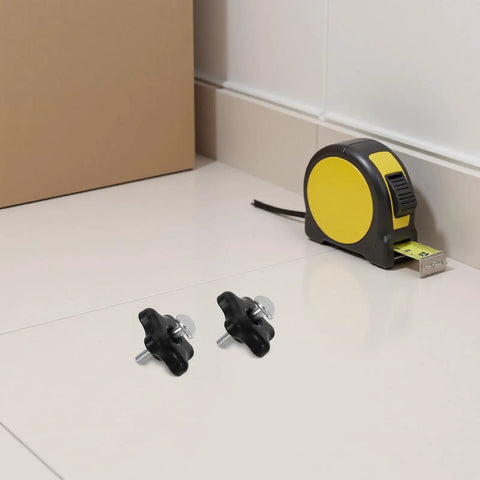 Super Cool DIYEAH 2 Pack Lawn Mower Handle Knob Screw Bolt Replacement Kit With Perfect Fit Durable Plastic And Metal Parts For Quick Install And Easy Removal To Keep Your Outdoor Mowing Smooth And Safe. Two black handle knob bolts with metal screws beside a tape measure