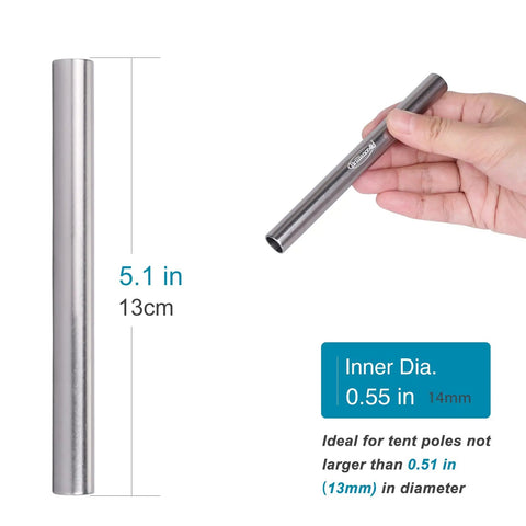 Tent Pole Repair Sleeves Set 14mm Inner Diameter, Spare Repair Tube Kit, 5 Pack shown with size measurements.