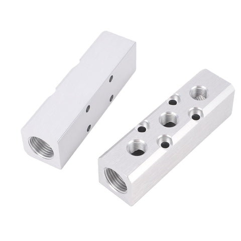 Three Way Aluminum Air Manifold With Five Ports, One Quarter Inch NPT Output And Half Inch NPT Supply Port, Pneumatic Compressor Block Splitter