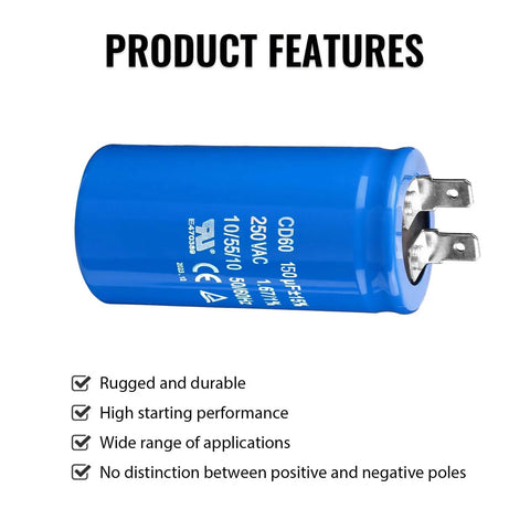 150uF Motor Start Capacitor CD60 For 250VAC Electric Motors 50/60Hz With Durable Polypropylene Film And Aluminum Shell
