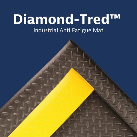 Industrial Workhorse Two By Three Foot Anti Fatigue Mat Delivers Rock Solid Standing Comfort With Five Eighth Inch Thick Closed Cell Pvc Foam Core Diamond Texture Provides Dead Stop Traction showing textured surface.