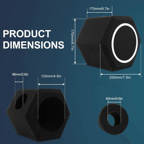 Professional Microphone Isolation Ball With Two Layer Pop Filter And High Density Foam dimensions showing various angles and sizes.