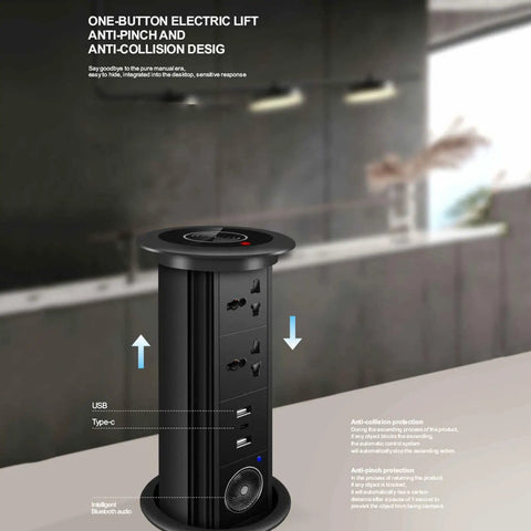 Game Changer Retractable Pop Up Power Strip For Kitchen Countertops With Integrated Wireless Charging Pad showing electric lift features.