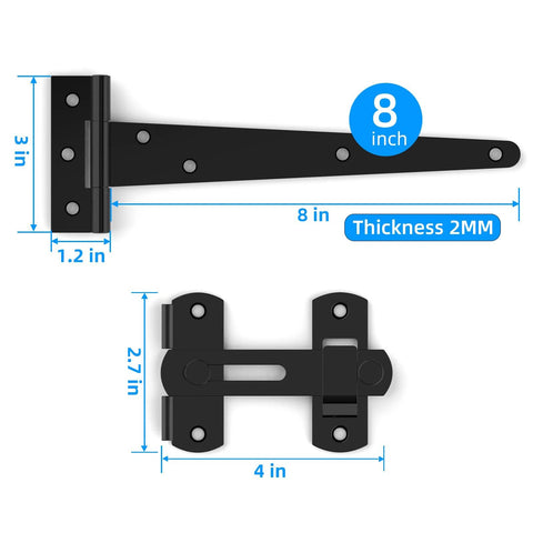 Gate Frame Kit With 8 Inch Hinges And Gate Latch For Wooden Shed And Barn Doors, Alloy Steel With Black Powder Coat and Zinc Plating.