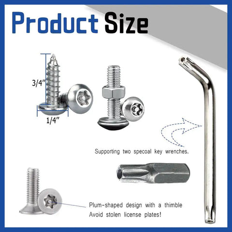 Heavy Duty Stainless Steel Anti Theft License Plate Screws Set includes eight tamper resistant hex bolts shown with dimensions and tools.