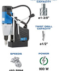 Heavy Duty Single Speed Portable Magnetic Drill With One Point Three Eight Inch Bore Eight Point Two Amp Motor Four Hundred Fifty Rpm lightweight drill showing capacities and specs.
