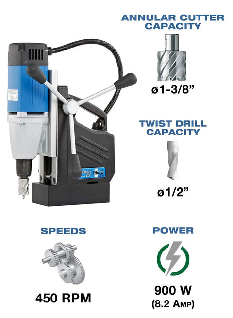 Heavy Duty Single Speed Portable Magnetic Drill With One Point Three Eight Inch Bore Eight Point Two Amp Motor Four Hundred Fifty Rpm lightweight drill showing capacities and specs.
