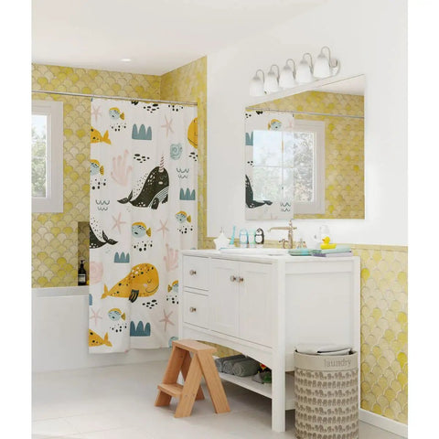 Bathroom with Five-Light Bath Vanity Light With Etched Glass In Brushed Nickel, traditional style fixture above white vanity.