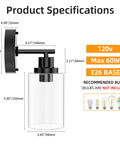 Dimensions and specifications of One Light Matte Black Bathroom Wall Sconce With Clear Glass Shade And E26 Base Modern Vanity Light Fixture