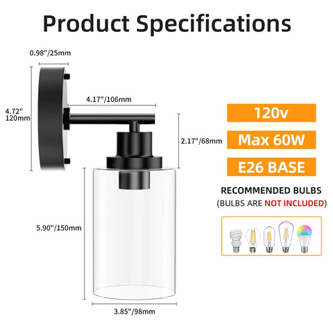 Dimensions and specifications of One Light Matte Black Bathroom Wall Sconce With Clear Glass Shade And E26 Base Modern Vanity Light Fixture