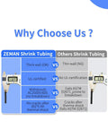 Comparison chart of ZEMAN shrink tubing vs others for Heat Shrink Tubing Kit 2 To 1 Shrink Ratio For Electrical Wires Automotive Electronics.
