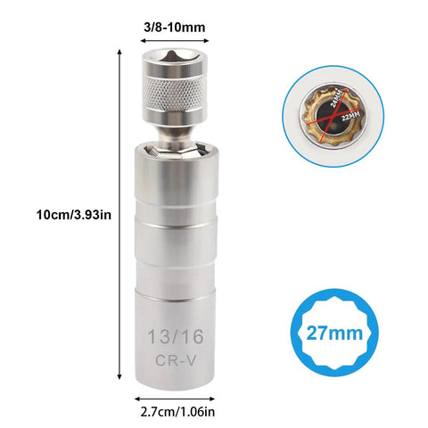 Thin Walled Magnetic Spark Plug Socket Set With Rotating 12 Point 13 16 Inch Size Three Eighth Inch Drive Universal Joint Swivel Tool For Fast Grab And Go Spark Plug Removal And Auto Maintenance