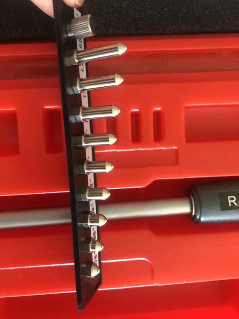 LLDSIMEX Dial Bore Gage Set with chrome probes in a red case, 0.7–1.5 in range, 0.0005 in graduation