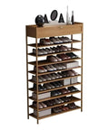 Real Game Changer Stackable Shoe Rack Organizer Vertical Ten Tier Tower With Top Compartment Sturdy Narrow Shoe Storage For Tiny Foyers Built Tough Entryway MVP Solution displaying various shoes and decorative items.
