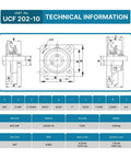 Two Pack Square Flange Bearing With Five Eighth Inch Bore, Ultra Durable Chrome Steel Alloy, UCF Series, Tough As Nails Heavy Duty Industrial Bearing For Machinery, Low Maintenance, High Wear Resistance. UCF 202-10 technical drawing