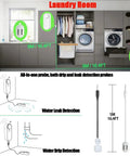 Dual Probe Water Leak Detector With WiFi shown in laundry room, featuring 16.4 ft dual detection line and remote app monitoring.