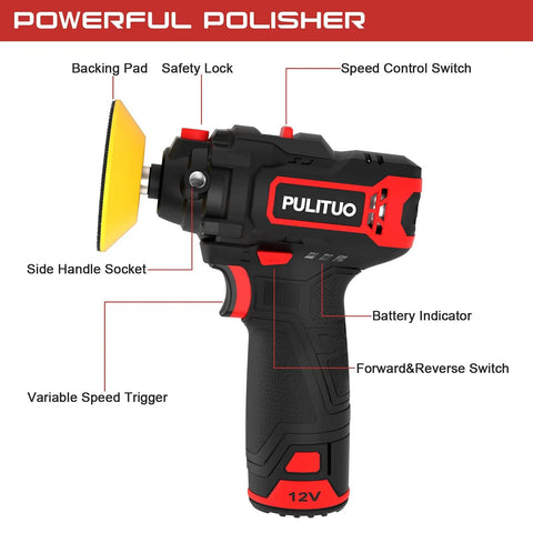 Cordless 3 Inch Car Buffer Polisher Kit with 12V 2000mAh battery and 45 minute fast charger, side and speed controls shown