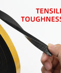 Top Shelf No Sweat Self Adhesive Foam Seal Strips For Windows And Doors showing a hand holding flexible foam with tough adhesive.