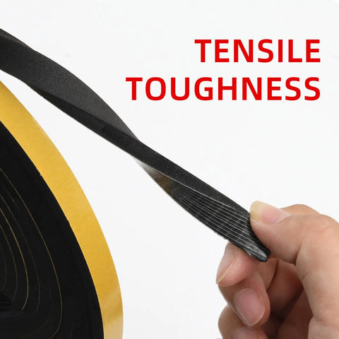 Top Shelf No Sweat Self Adhesive Foam Seal Strips For Windows And Doors showing a hand holding flexible foam with tough adhesive.