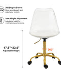Clear Ergonomic Office Chair With Plush Seat Pad Smooth Swivel Rolling Base Height Adjustable Transparent Acrylic Shell, 360 degree swivel.