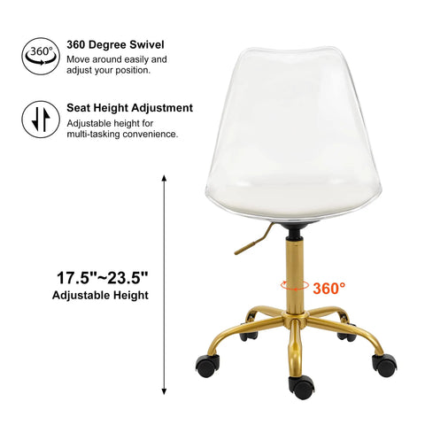 Clear Ergonomic Office Chair With Plush Seat Pad Smooth Swivel Rolling Base Height Adjustable Transparent Acrylic Shell, 360 degree swivel.