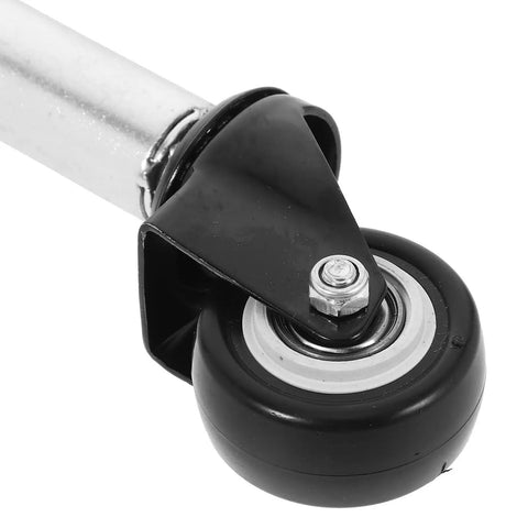 Close-up of Top Shelf Premium Heavy Duty Gate Wheels With Spring Loaded Shock Absorption and Adjustable Height Casters, black rubber wheel.