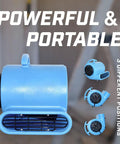 Blue 1/4 HP 900 CFM Air Mover Carpet Dryer shown in three positions for versatile drying