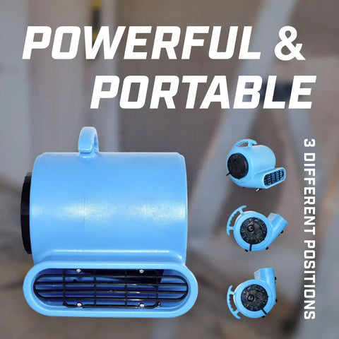 Blue 1/4 HP 900 CFM Air Mover Carpet Dryer shown in three positions for versatile drying