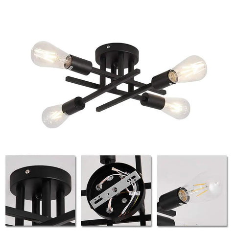 Semi Flush Mount 4 Light Ceiling Chandelier Matte Black With E26 Base For Modern Farmhouse Kitchen Dining Room Living Room Bedroom And Study Create A Cozy Yet Sleek Vibe That Upgrades Any Space Easy To Install, showing close-to-ceiling design and bulb details.