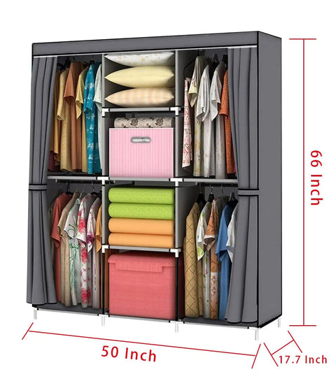 50 Inch Portable Closet Wardrobe For Hanging Clothes With Nonwoven Cover, 4 Hanging Rods And 4 Storage Shelves, Black Steel Frame