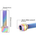 Pack Of Five M5 X 10 mm Cone Point Hex Socket Grub Screws With A Dope Rainbow Anodized Coating And Bulletproof TC4 Titanium Construction For Easy Zero Sweat Installation shown with measurements.